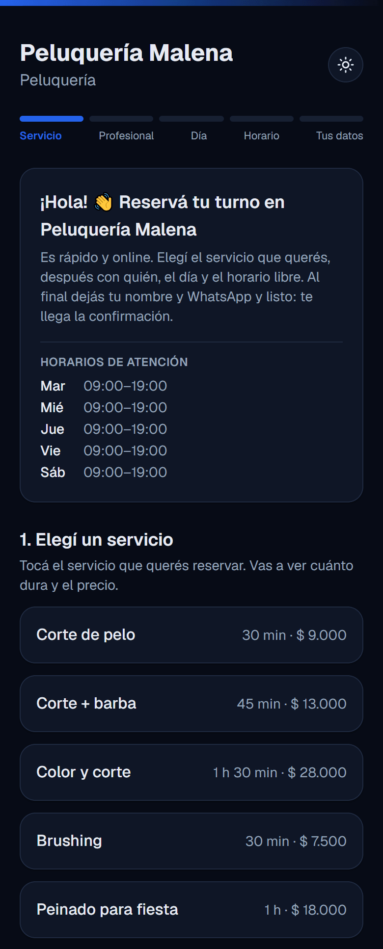 Página de reservas de una peluquería con los horarios de atención y la lista de servicios: corte, corte + barba, color y corte, brushing y peinado para fiesta, cada uno con su duración y su precio