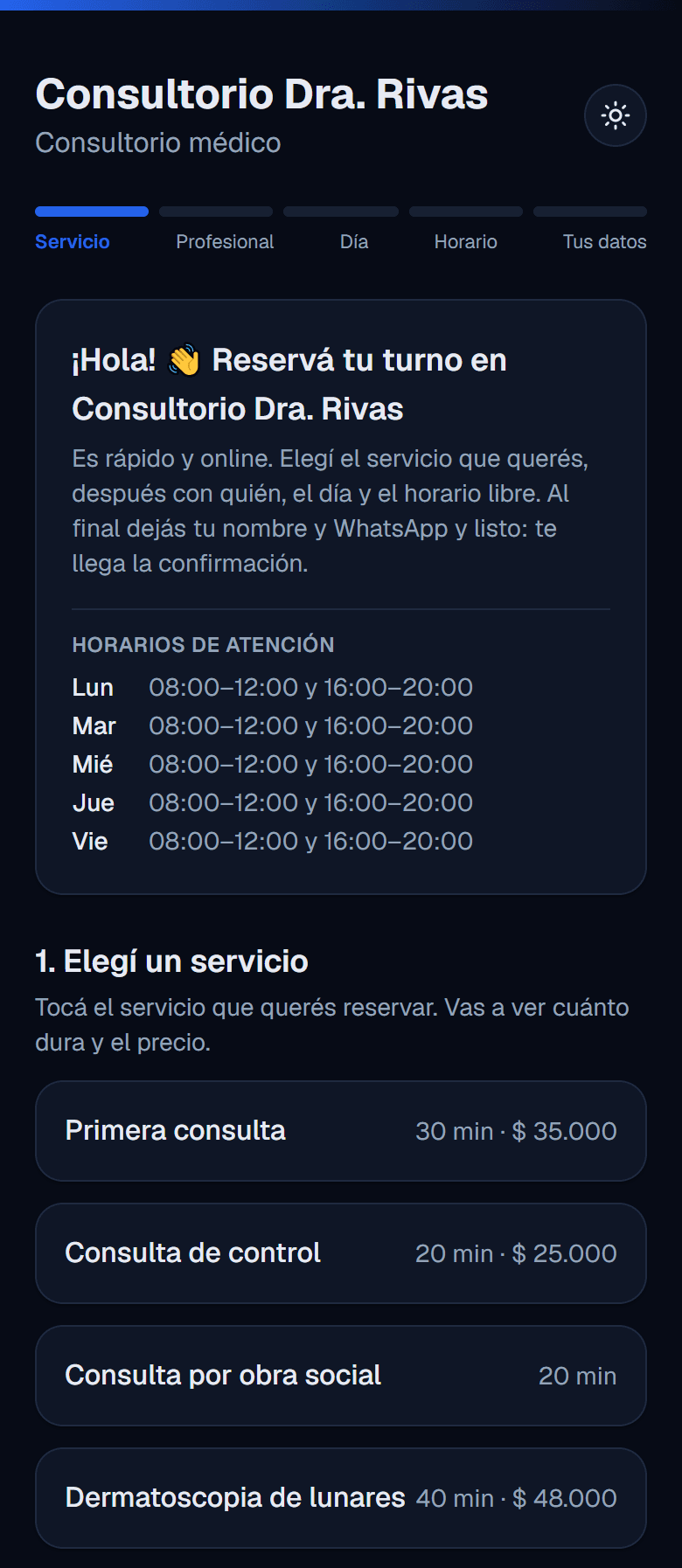 Página de reservas de un consultorio con horario de mañana y de tarde y la lista de prestaciones: primera consulta, consulta de control y consulta por obra social