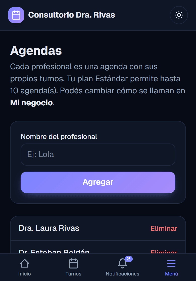 Paso de la reserva en un consultorio con varios profesionales, para elegir con cuál atenderse