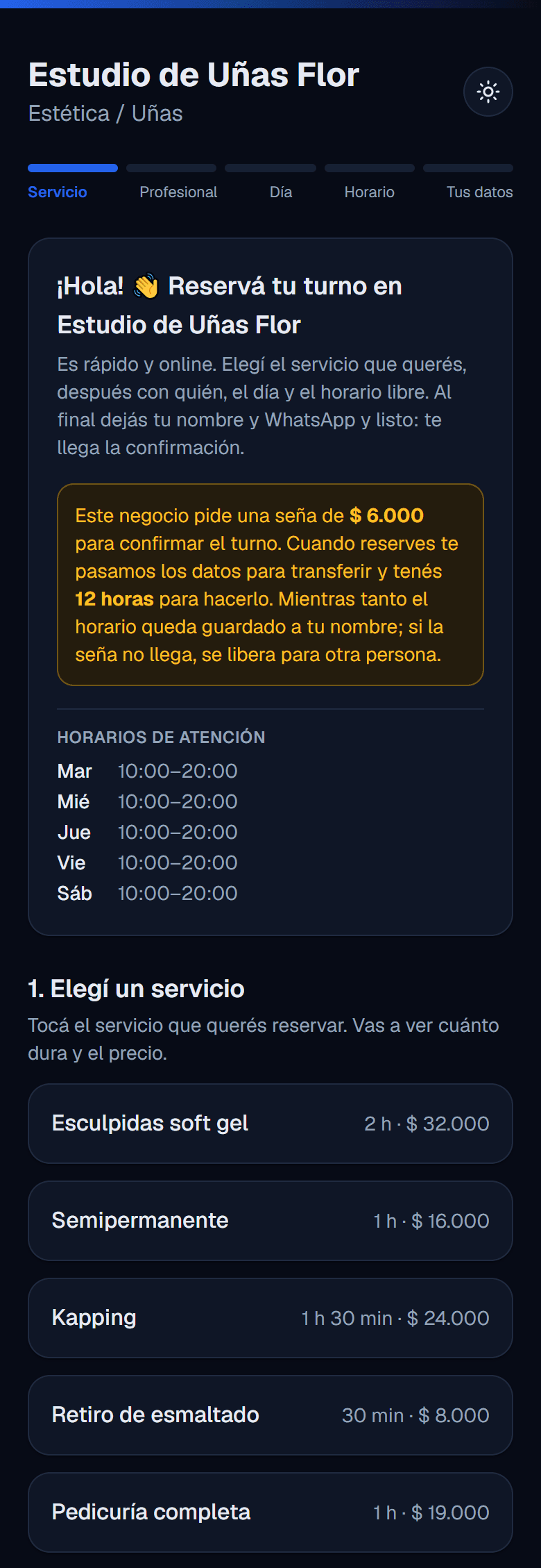 Página de reservas de un estudio de uñas con el aviso de que se pide una seña de $6.000 por transferencia y la lista de servicios: esculpidas soft gel, semipermanente, kapping, retiro de esmaltado y pedicuría