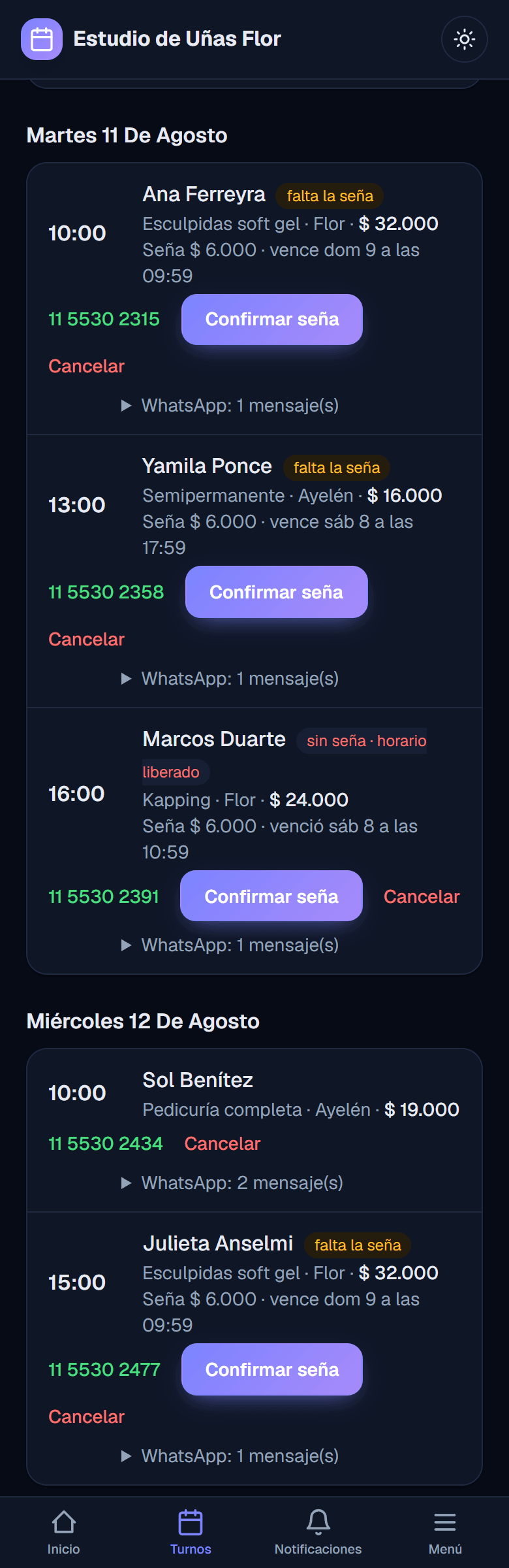 Panel con los turnos que están esperando la seña, con el tiempo que le queda a cada cliente para transferir