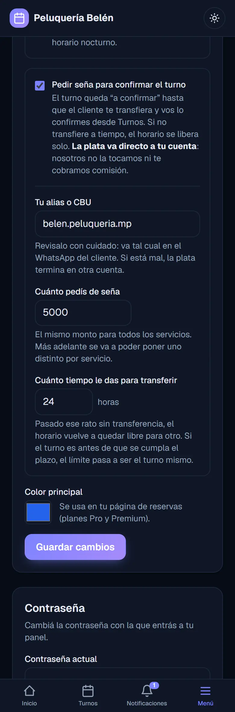 Pantalla Mi negocio con la seña prendida: alias o CBU, cuánto se pide y cuánto tiempo tiene el cliente para transferir