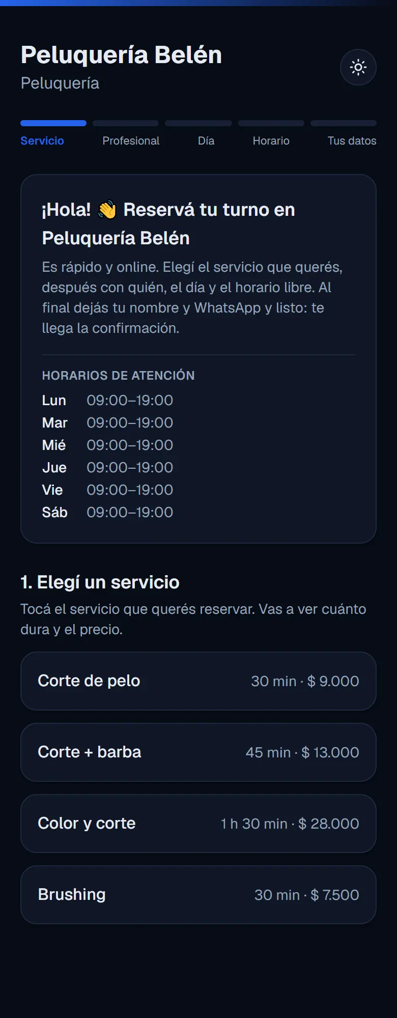 Página pública de reservas de una peluquería, con los horarios de atención y la lista de servicios con duración y precio