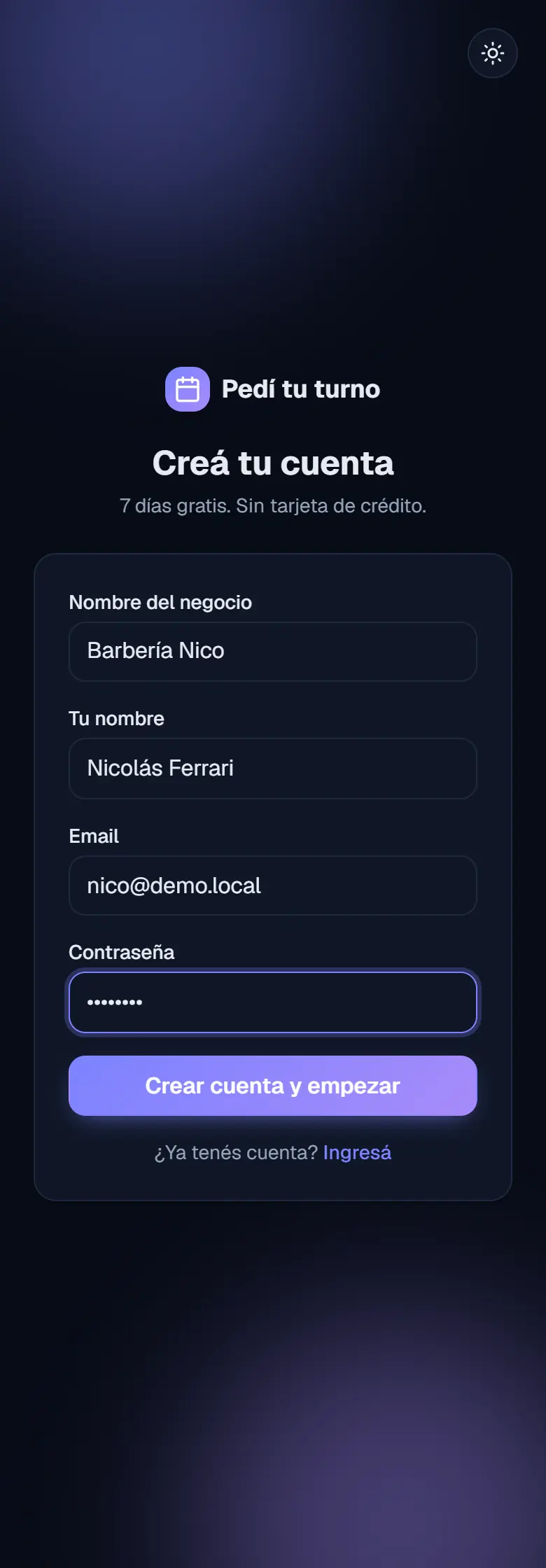 El mismo formulario de alta, completado con los datos de una barbería