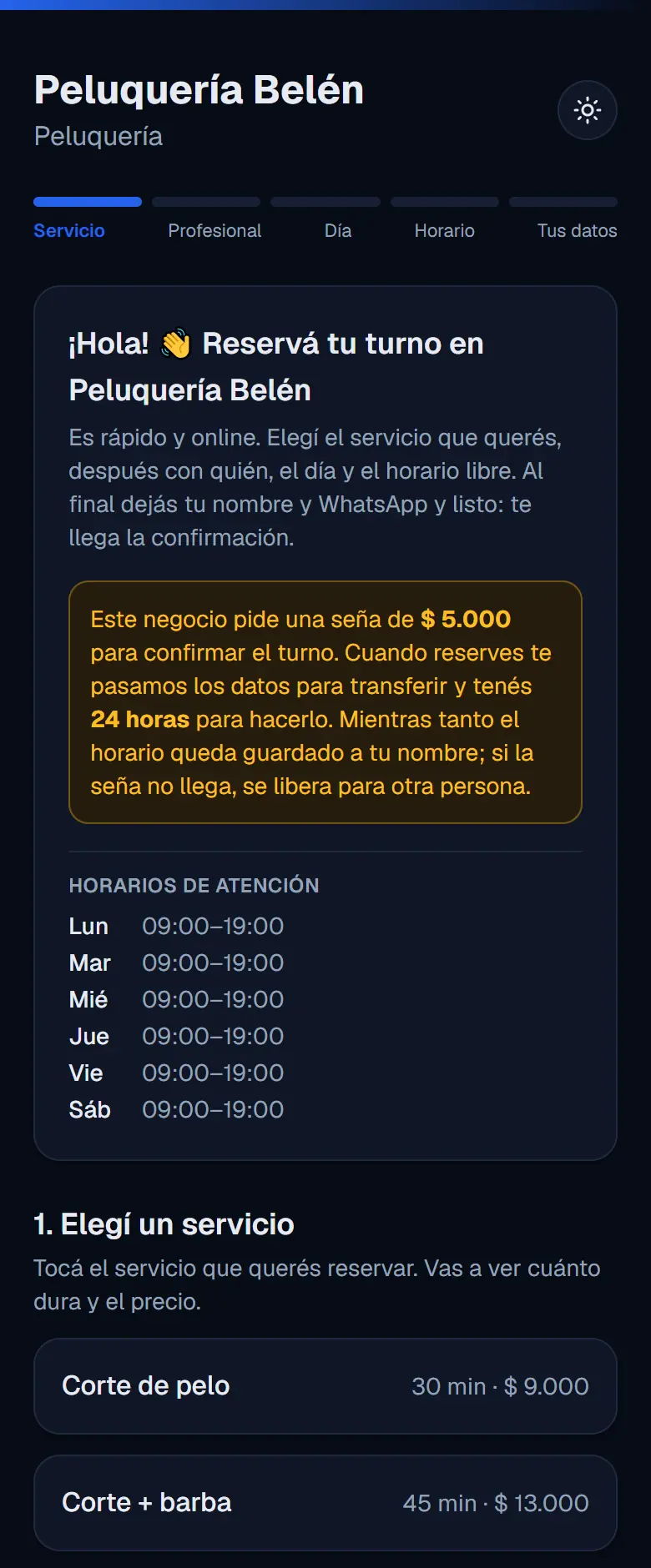 Página de reservas con el cartel amarillo que avisa que se pide una seña de $5.000 por transferencia