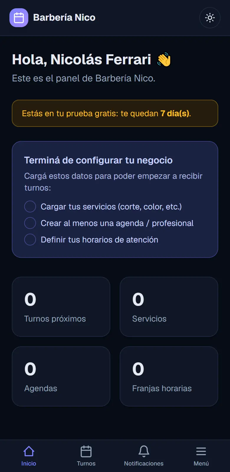 Panel recién creado: aviso de prueba gratis y tres pendientes sin tildar, todos los números en cero