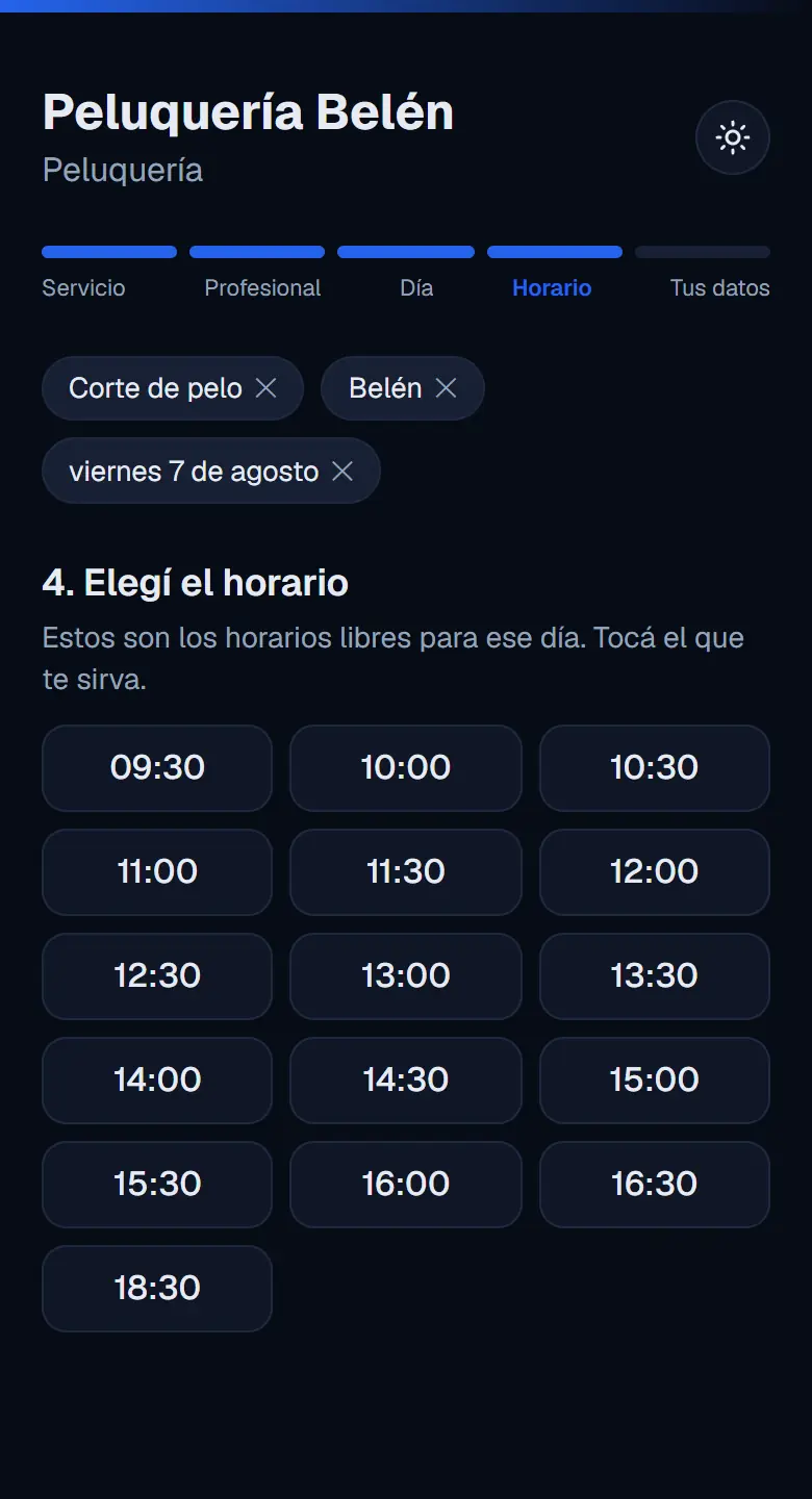 Paso 4 de la reserva: solo los horarios que están libres