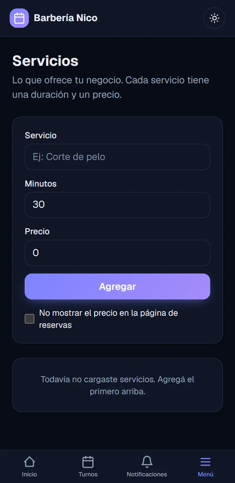 Pantalla de Servicios sin nada cargado