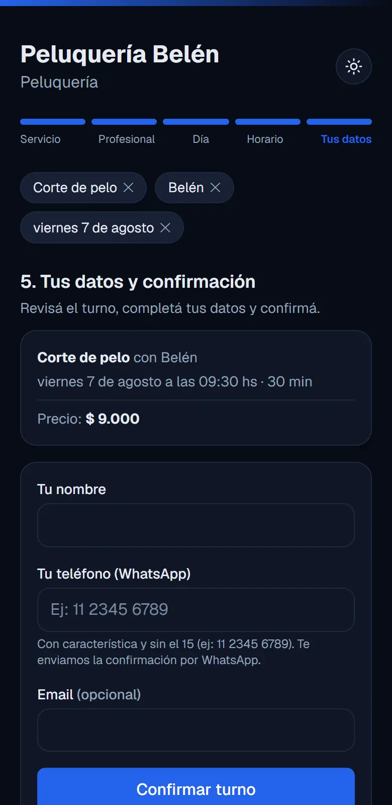 Paso 5 de la reserva: dejar nombre y WhatsApp, con el resumen del turno