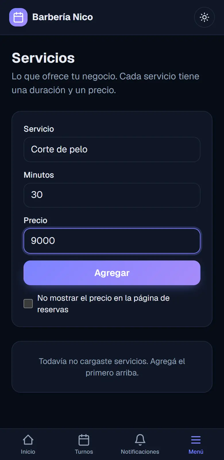 Formulario de servicio completado con nombre, duración y precio, antes de tocar Agregar