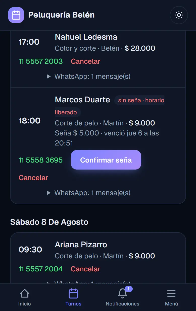 Turno marcado como sin seña, horario liberado, en la lista del panel