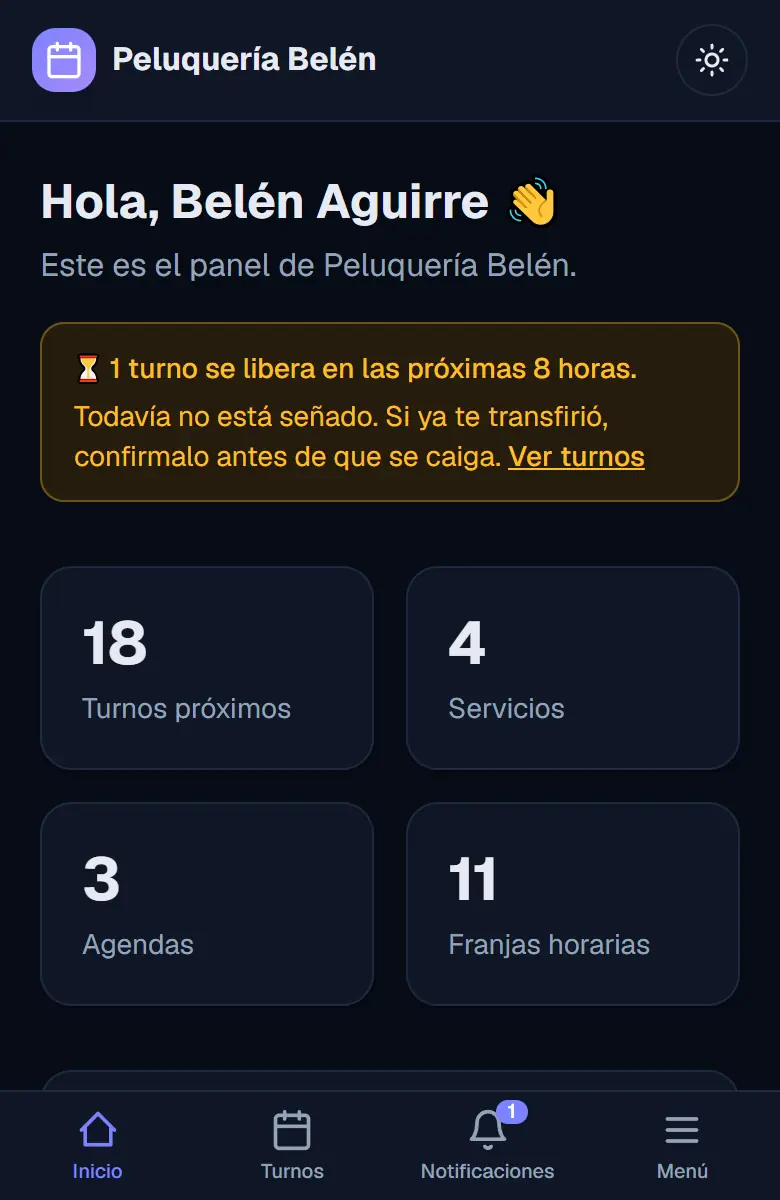 Panel de inicio con el cartel amarillo: un turno se libera en las próximas 8 horas