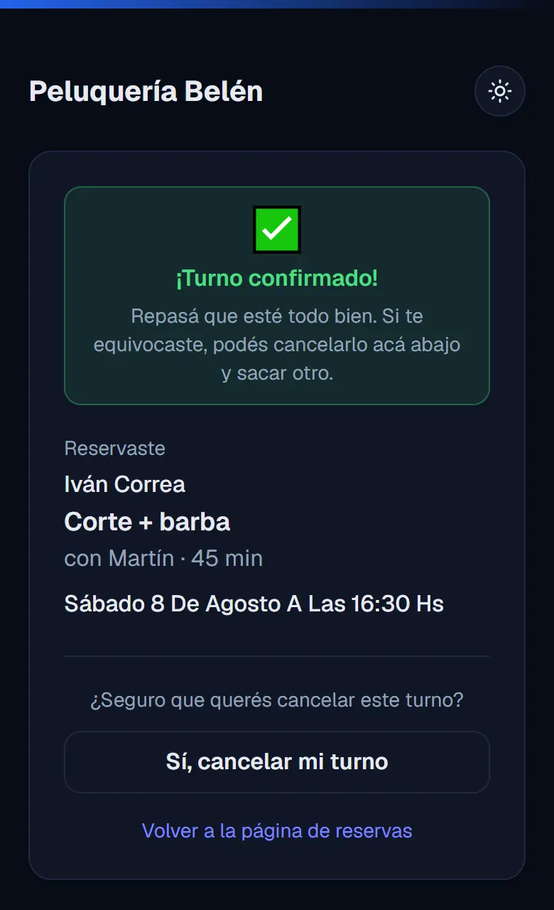Pantalla de turno confirmado con el detalle del turno reservado