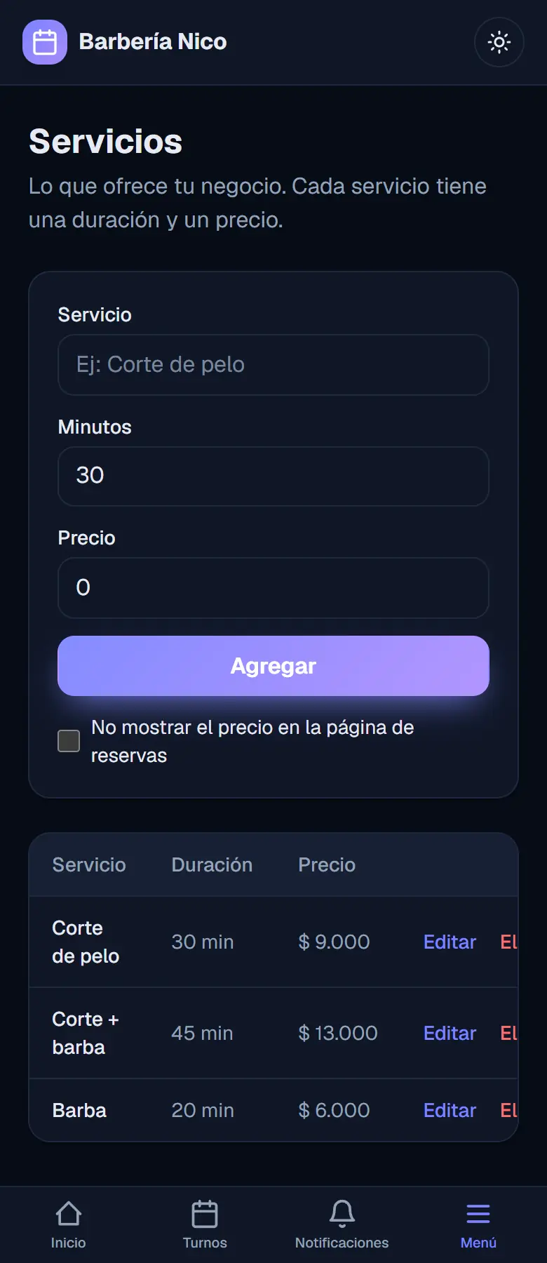 Lista con tres servicios cargados, cada uno con su duración y su precio