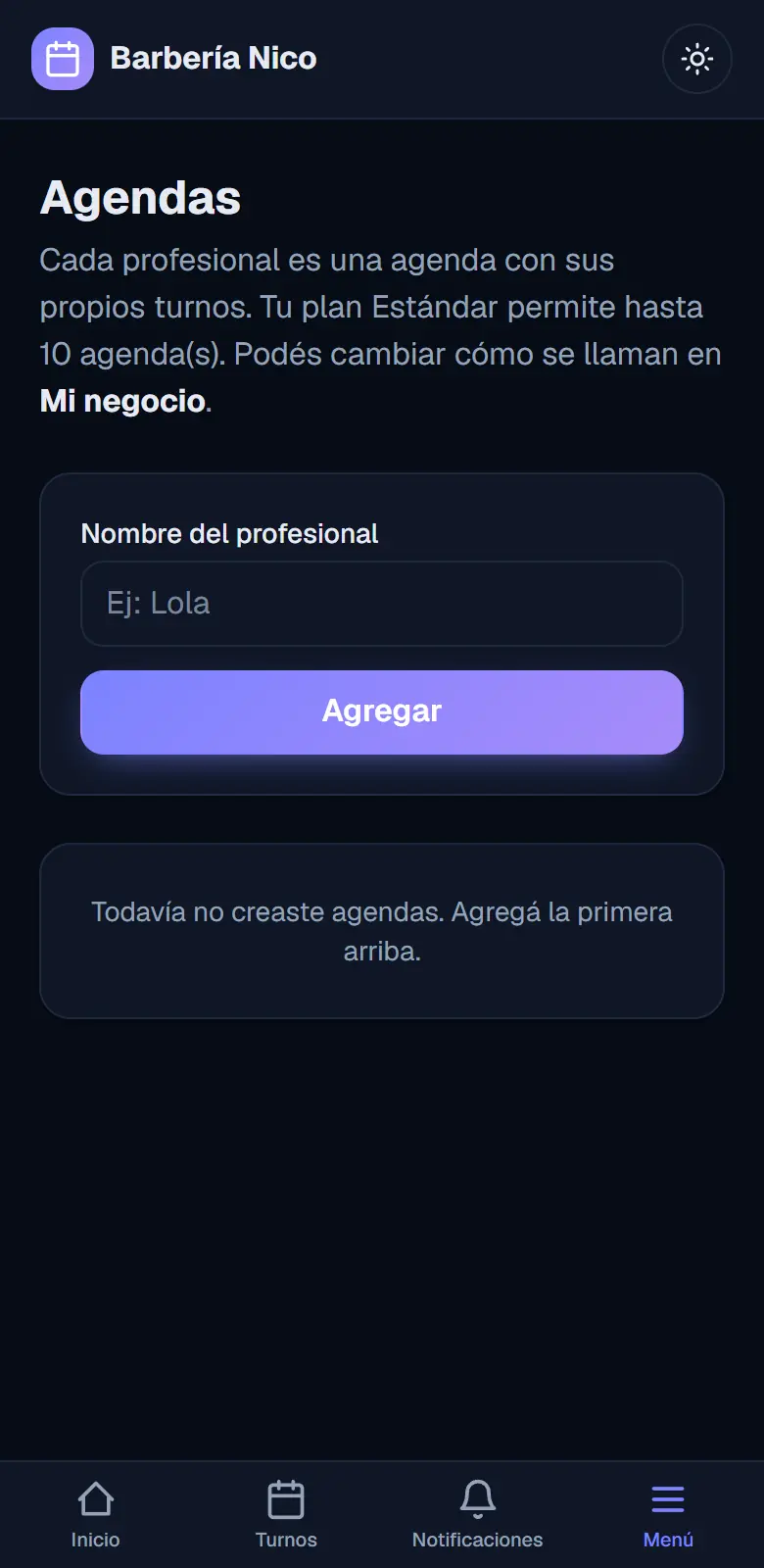 Pantalla de Agendas sin ninguna cargada