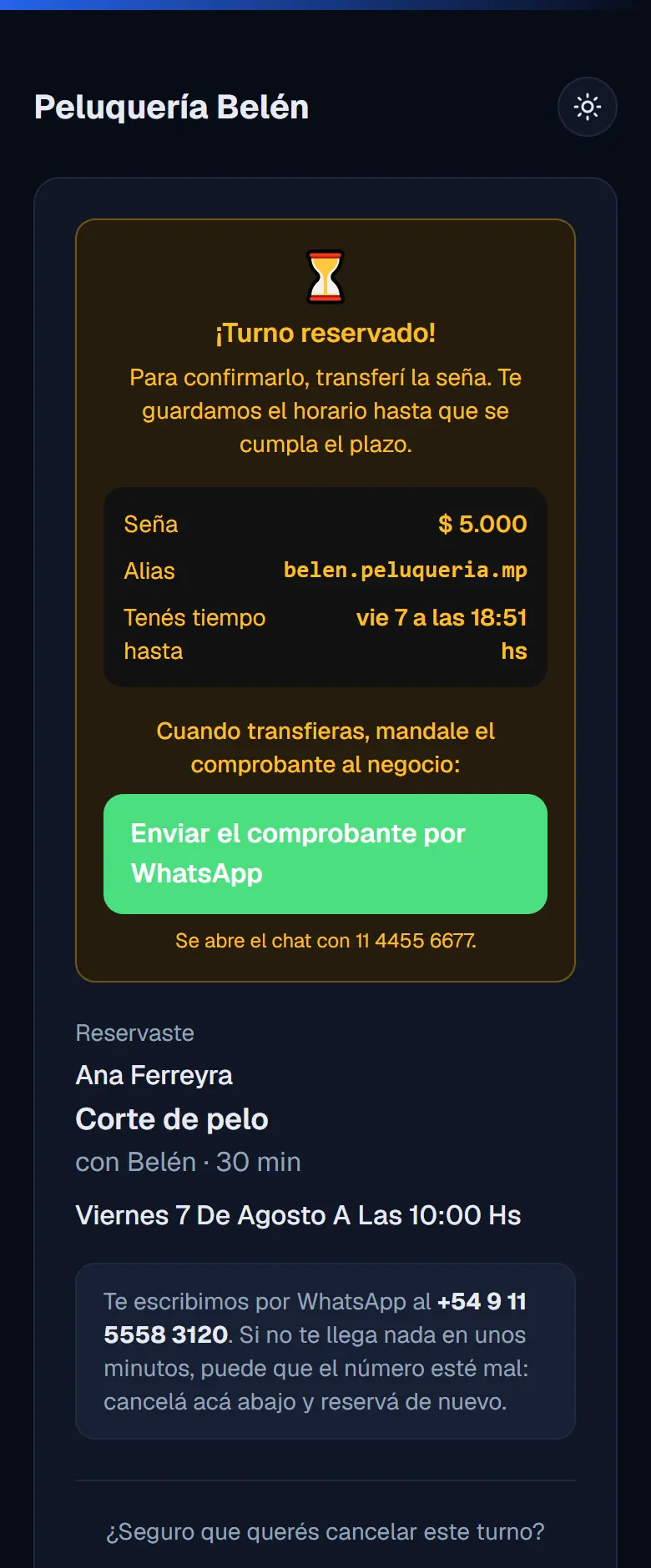 Pantalla del cliente después de reservar: turno reservado, con el monto de la seña, el alias y hasta cuándo tiene para transferir