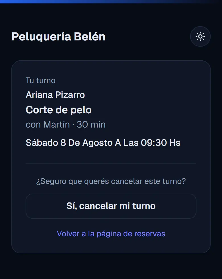 Pantalla que abre el cliente desde el link del WhatsApp, con el botón para cancelar su turno
