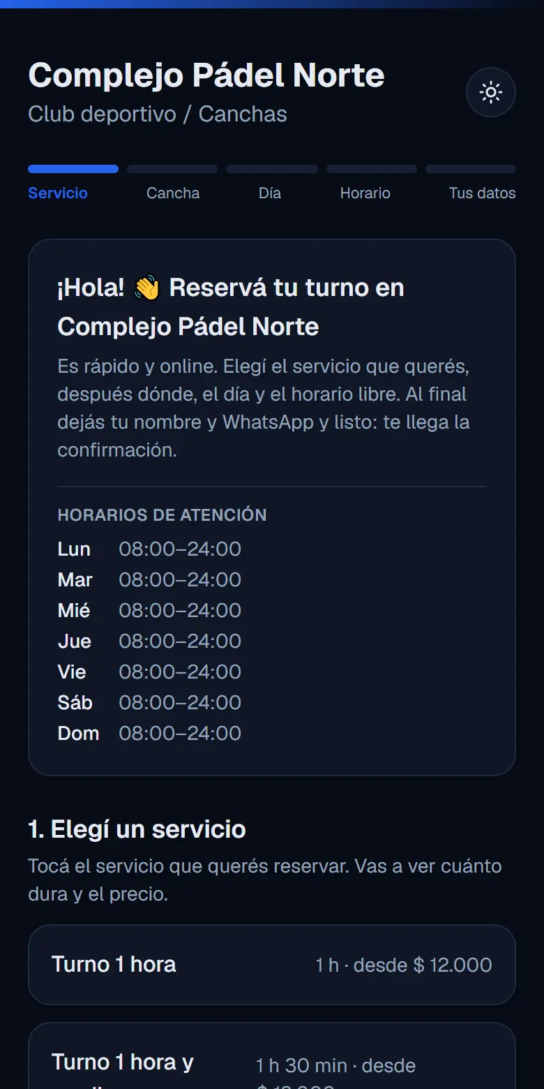 Página de reservas de un complejo de pádel, con turnos de una hora y de hora y media