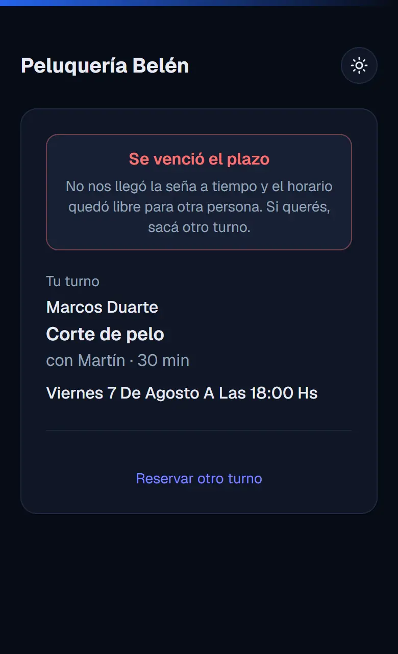 Pantalla del cliente cuando se venció el plazo: se venció el plazo y el horario quedó libre