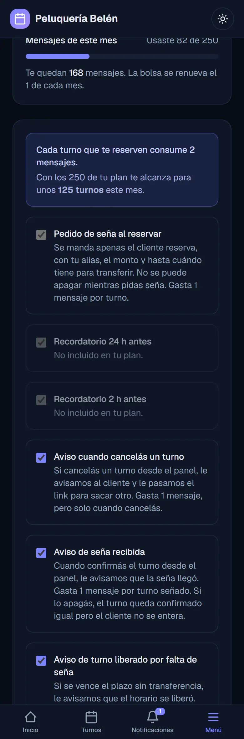 Pantalla de Avisos con la seña prendida: pedido de seña que no se puede apagar, aviso de seña recibida y aviso de turno liberado