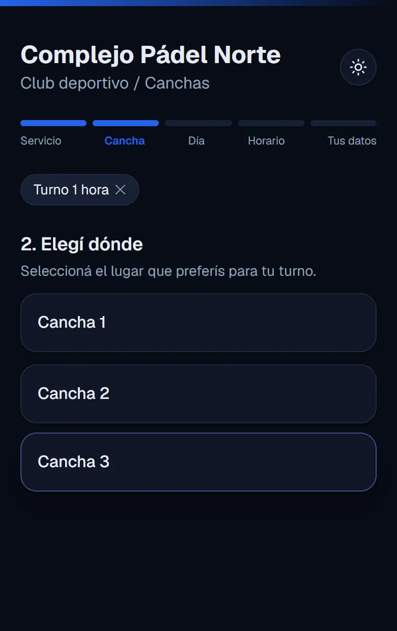 Paso de elegir la cancha entre las disponibles