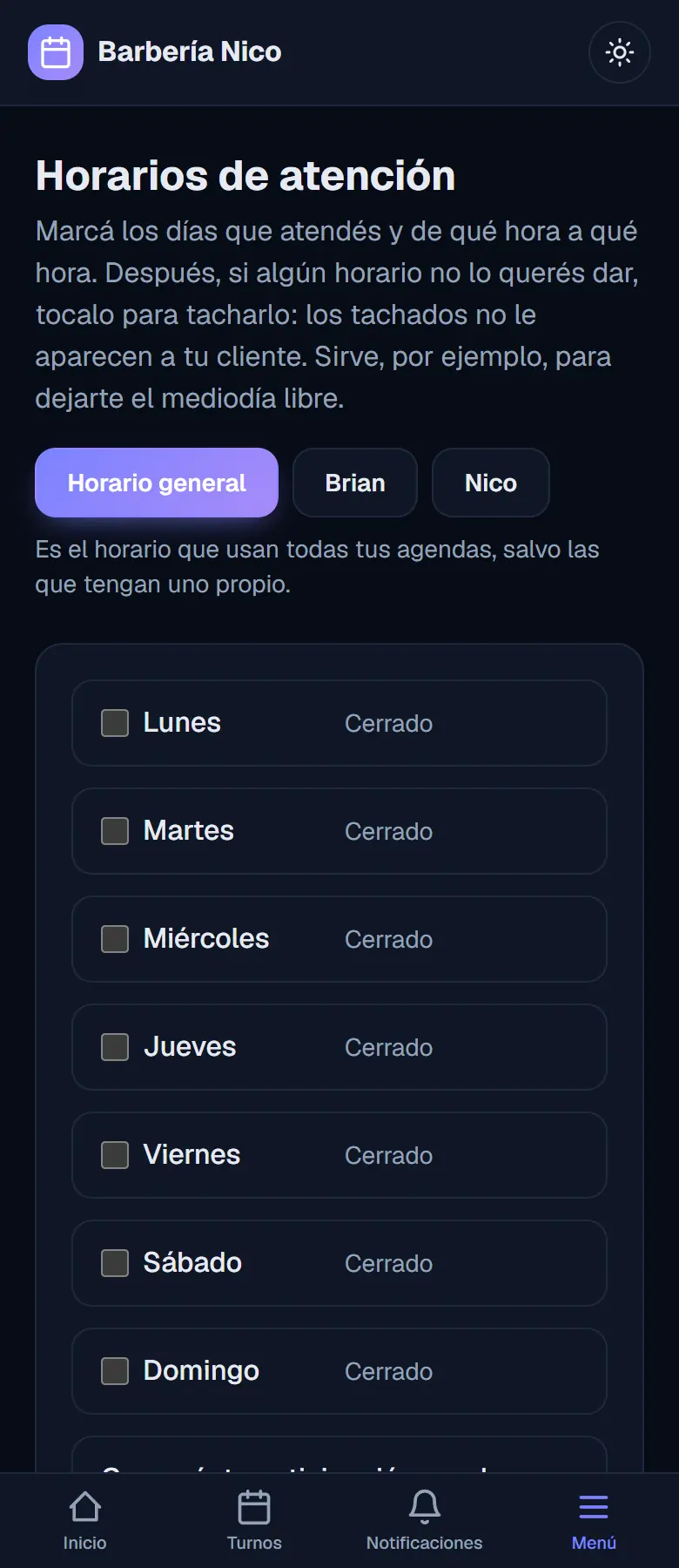 Pantalla de Horarios con todos los días marcados como cerrado