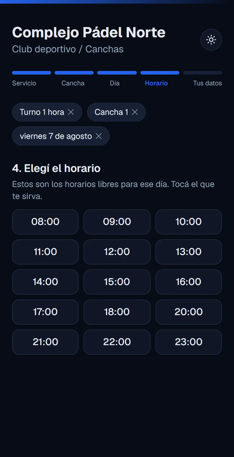 Horarios libres de una cancha para el día elegido
