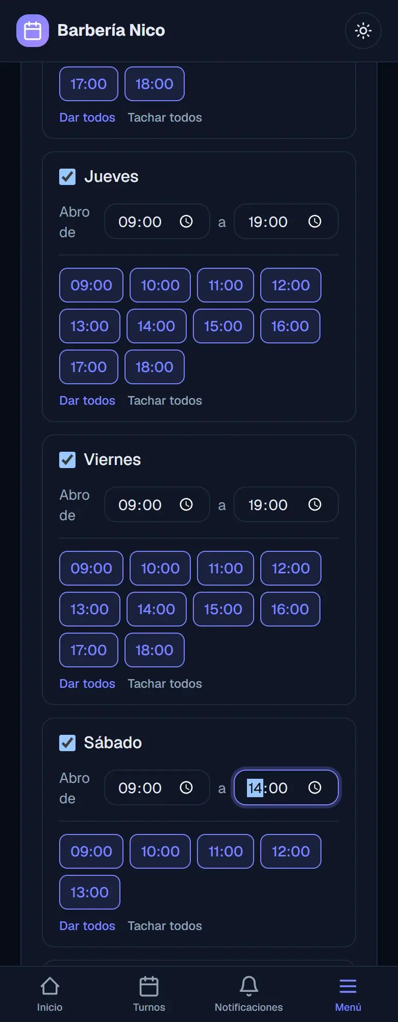 Los días de la semana marcados con su horario de apertura y cierre, antes de guardar