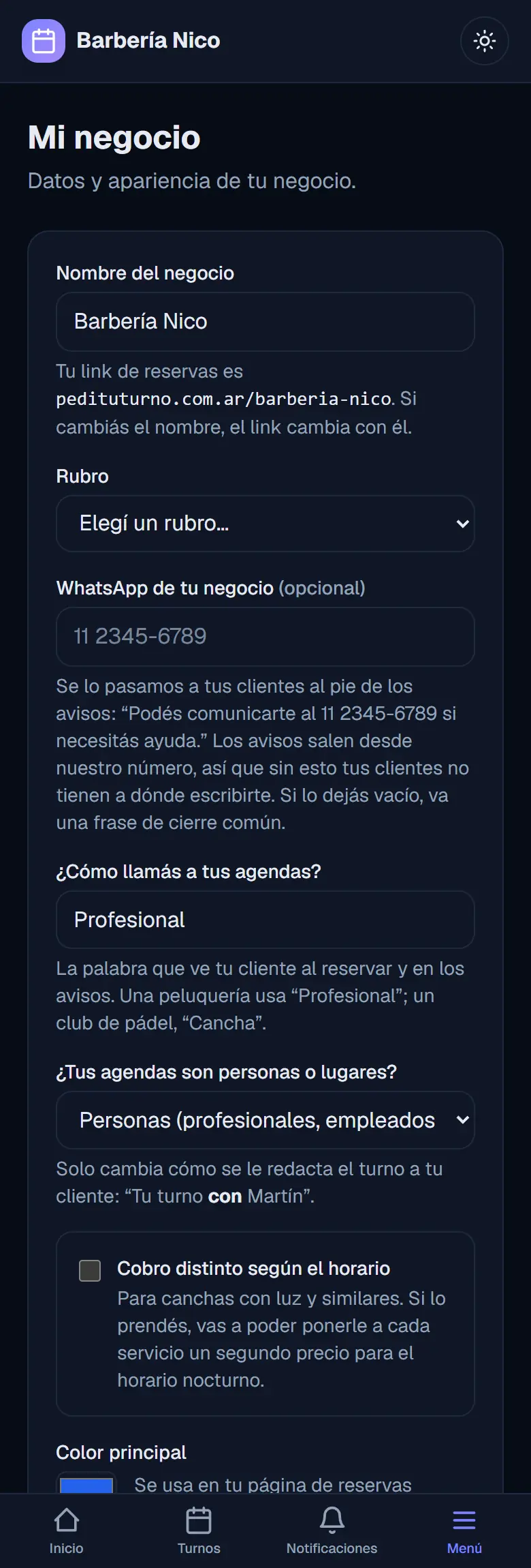 Pantalla Mi negocio: nombre, rubro, WhatsApp del local, cómo se llaman las agendas y el link de reservas