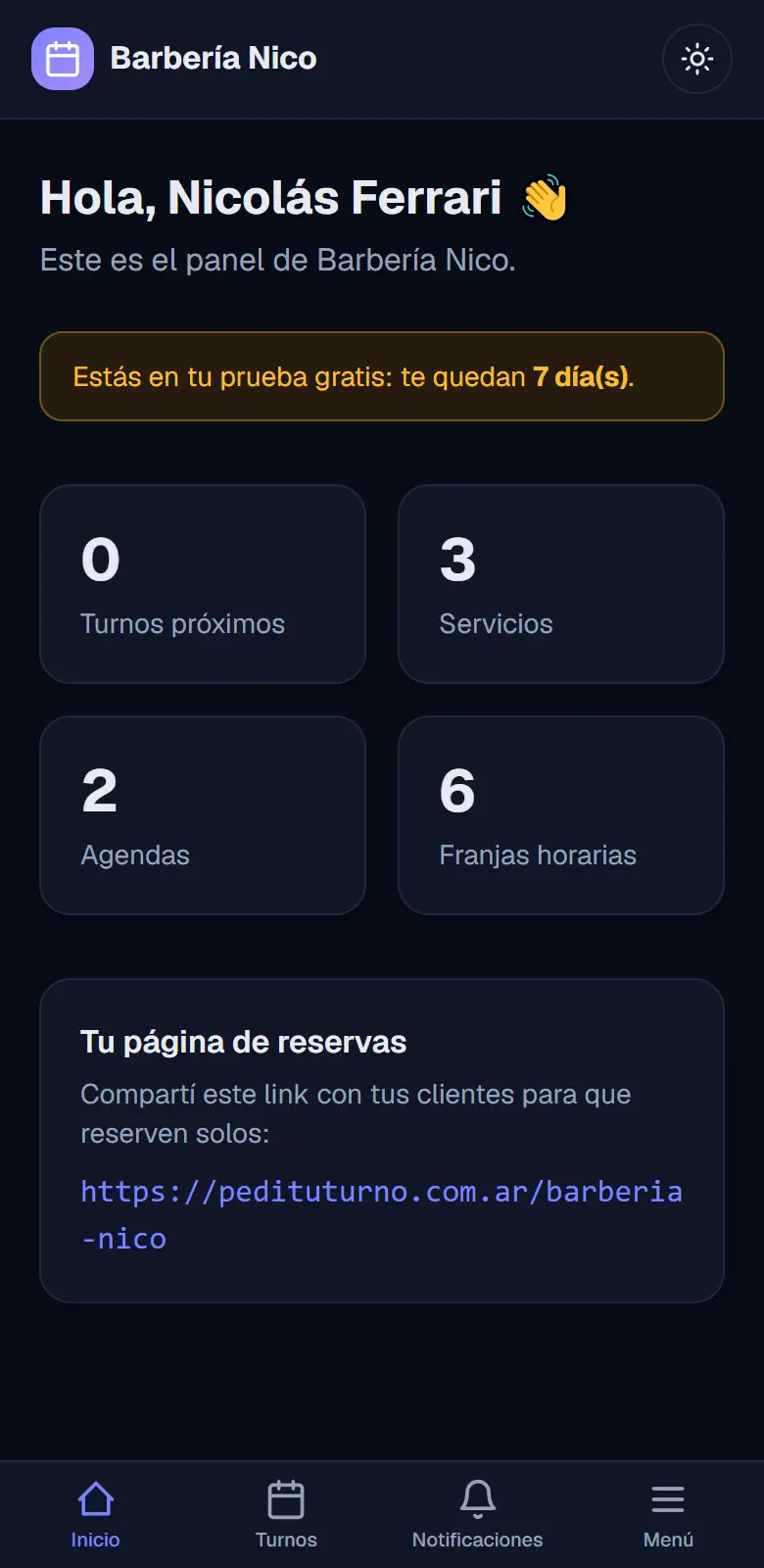 Panel con todo configurado: los pendientes desaparecieron y aparece el link de reservas para compartir