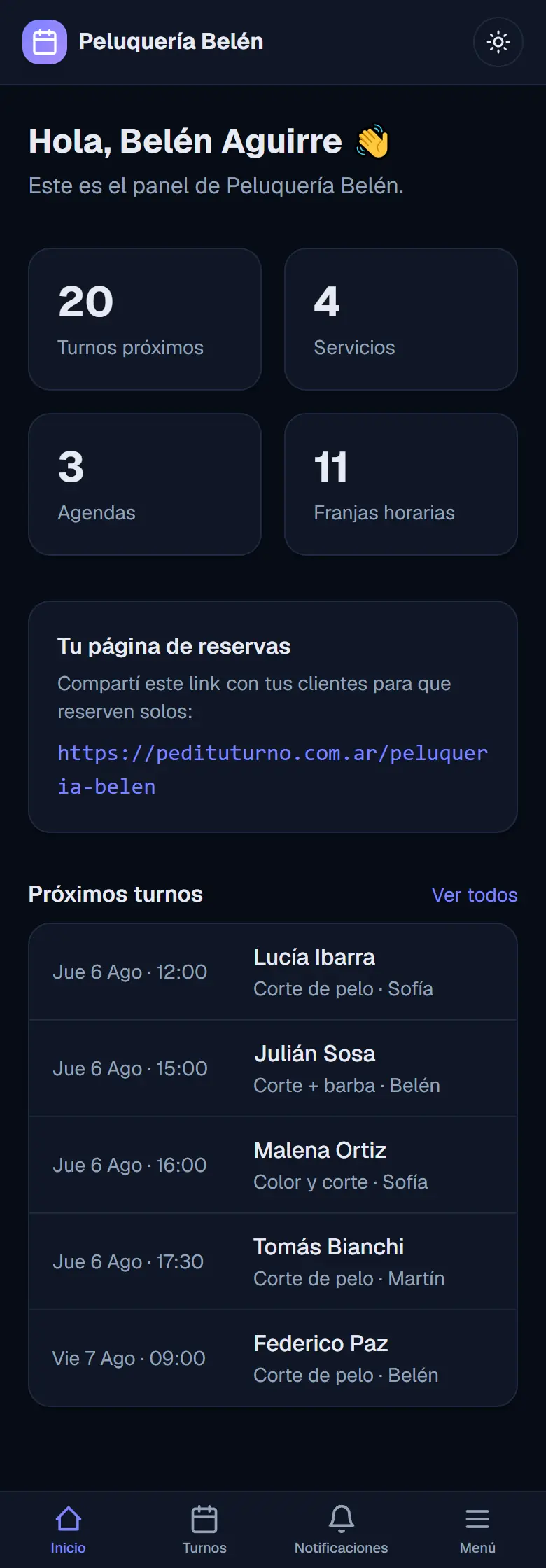 Panel de inicio: turnos próximos, servicios, agendas, franjas horarias, el link de reservas y la lista de próximos turnos