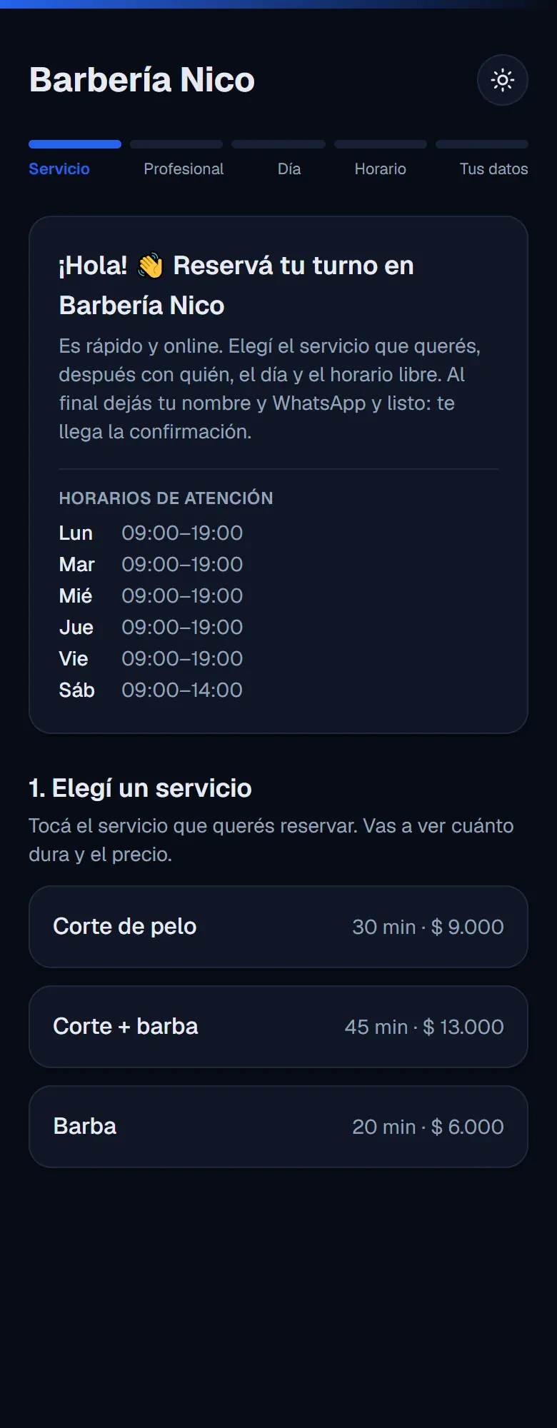 La página pública terminada del negocio nuevo, con sus servicios y horarios