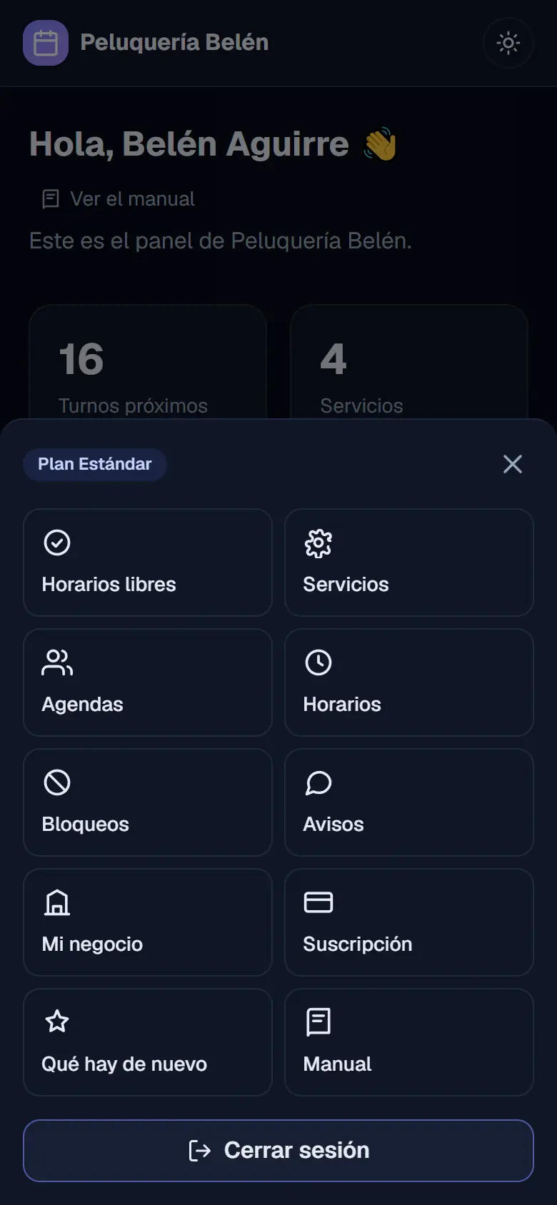 Menú del panel con Horarios libres, Servicios, Agendas, Horarios, Bloqueos, Avisos, Mi negocio, Suscripción, Qué hay de nuevo y Manual