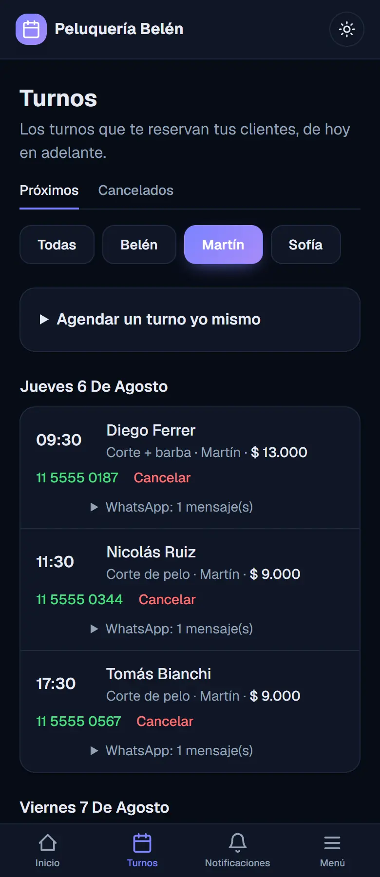 La lista de turnos filtrada por un solo profesional