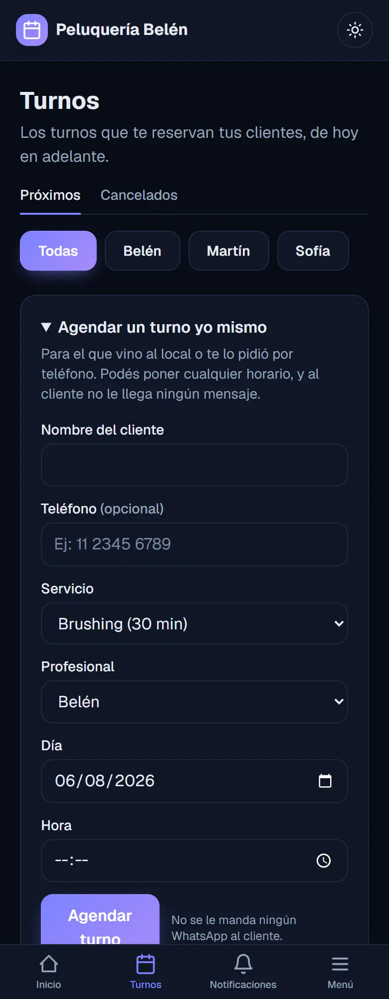 Formulario desplegado para agendar un turno manualmente desde el panel