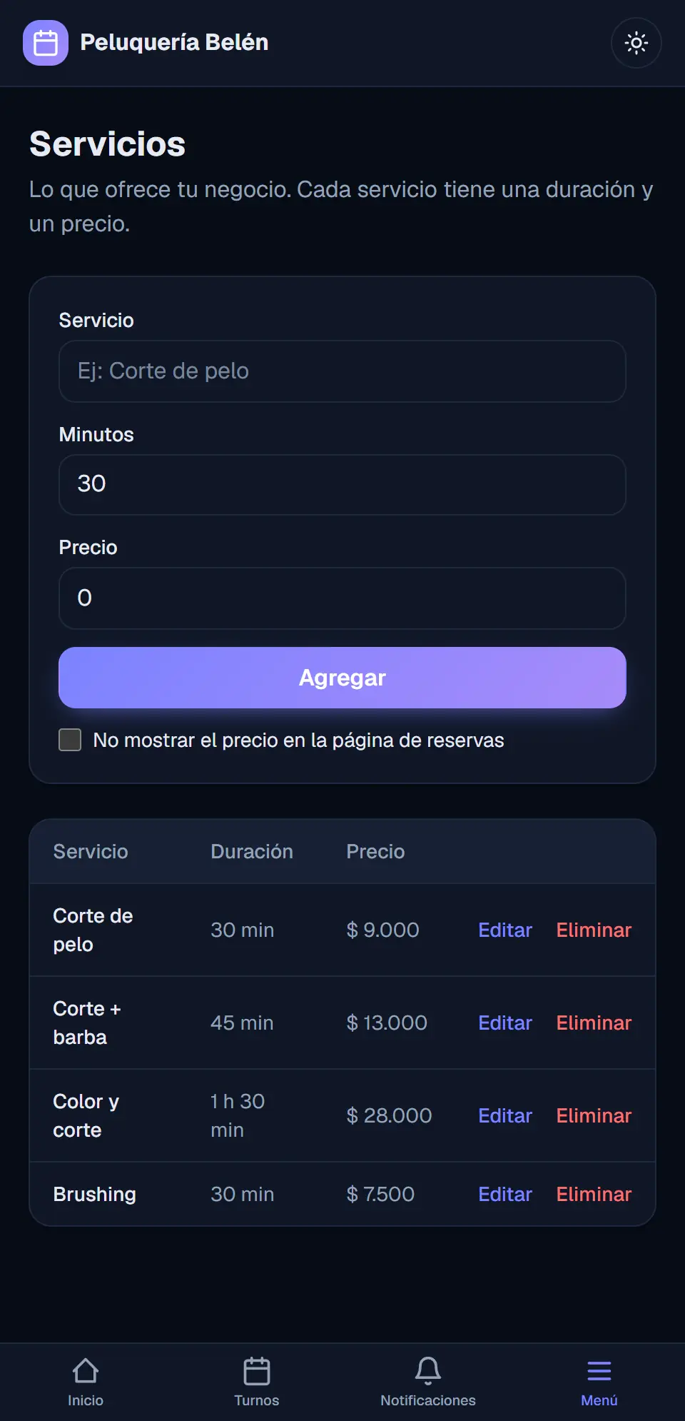 Pantalla de Servicios con la lista cargada: nombre, duración, precio y la opción de eliminar