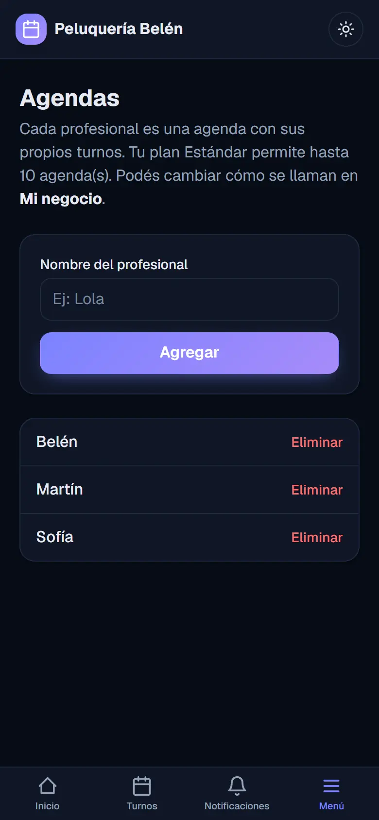 Pantalla de Agendas con tres profesionales cargados