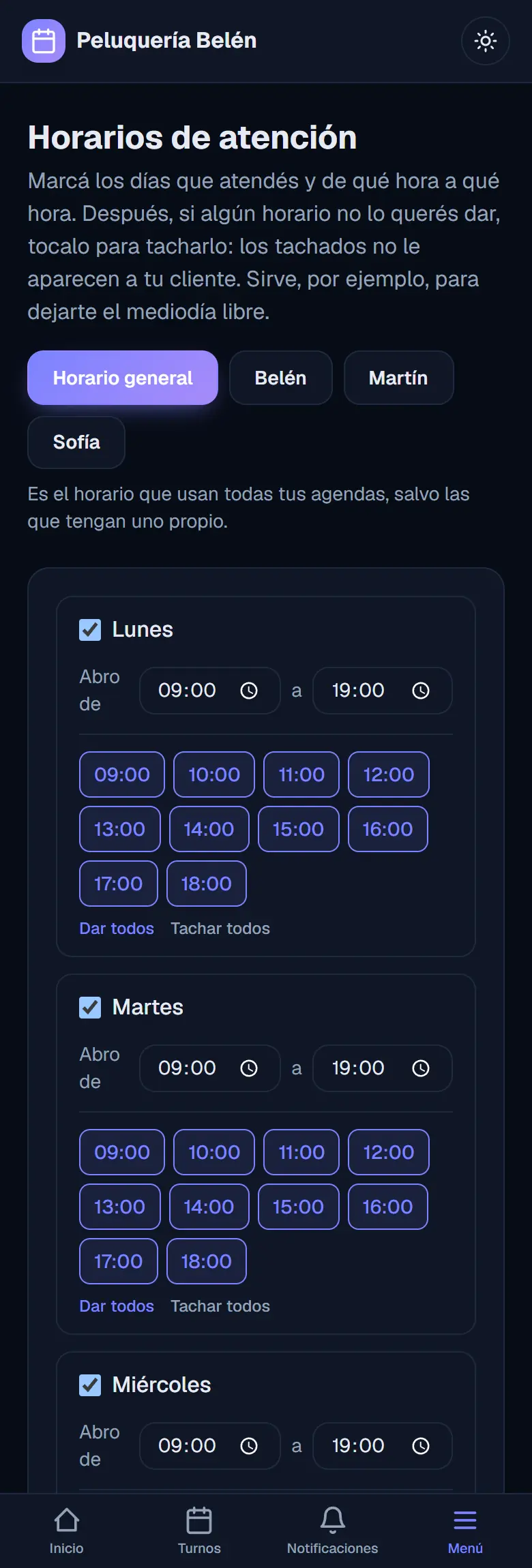 Pantalla de Horarios: horario de atención por día y los horarios sueltos que se pueden tachar
