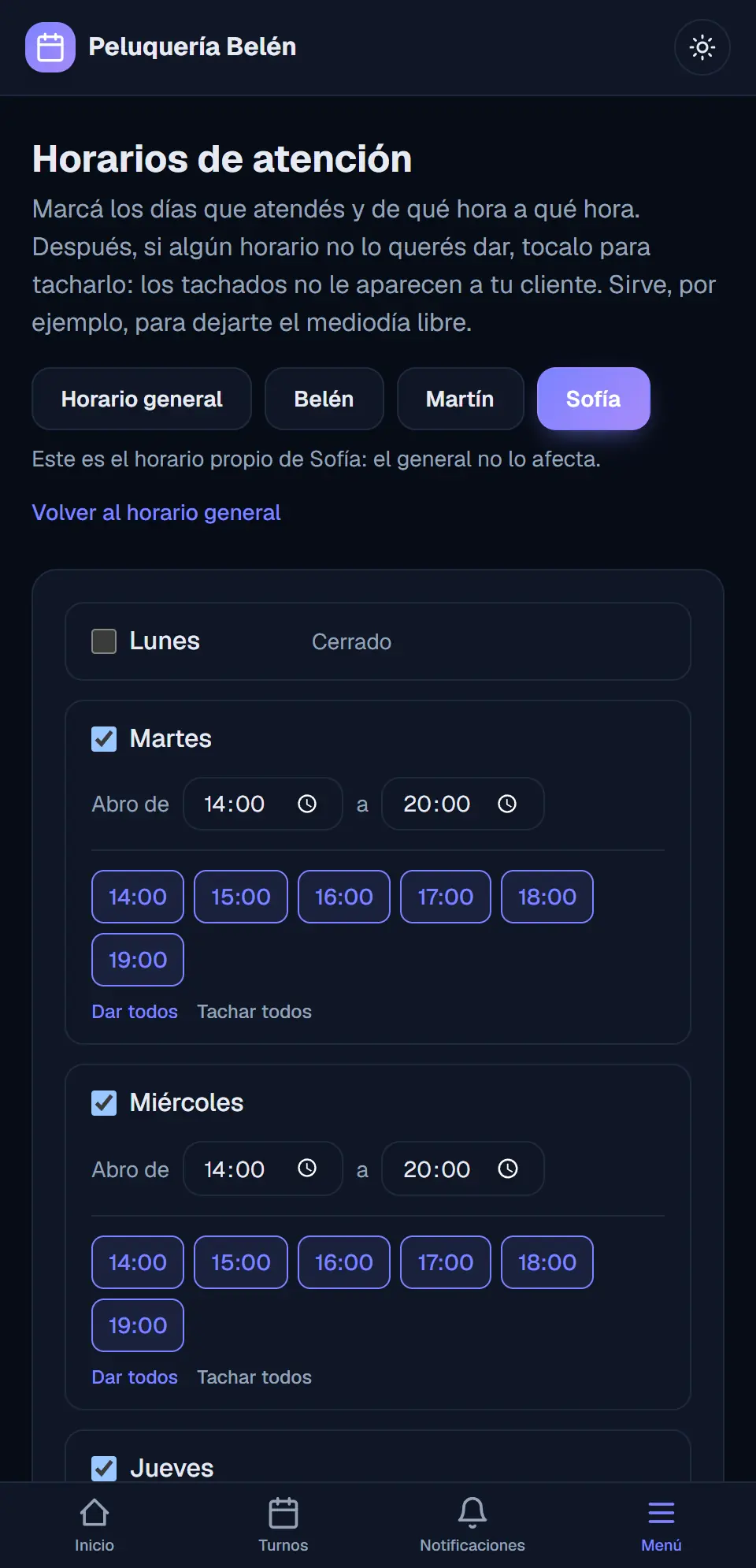 Horario propio de una agenda: una profesional que atiende solo de tarde