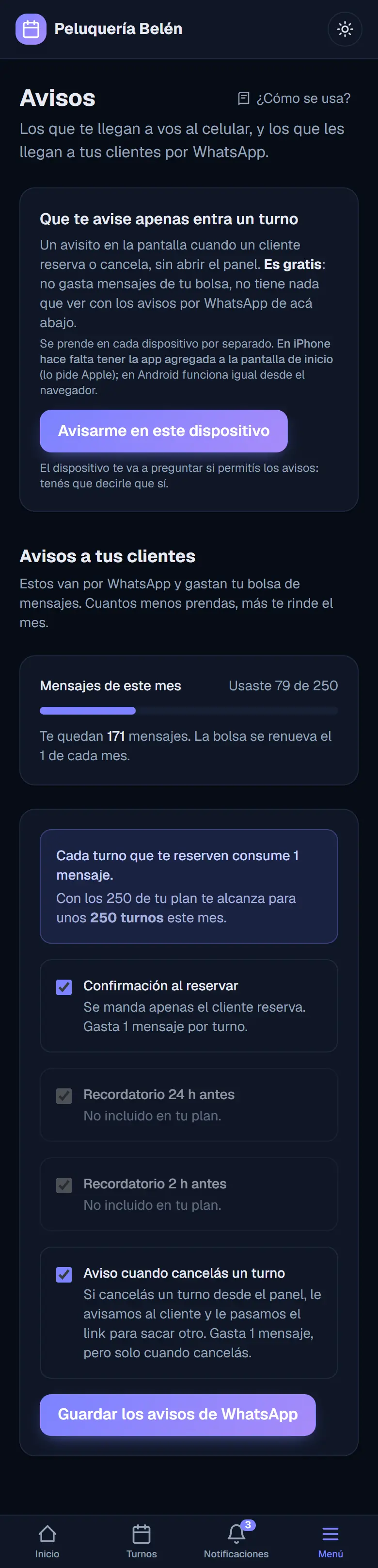 Pantalla de Avisos: arriba la tarjeta para que te avise el dispositivo, y abajo la bolsa de mensajes del mes con los avisos de WhatsApp que se pueden prender o apagar