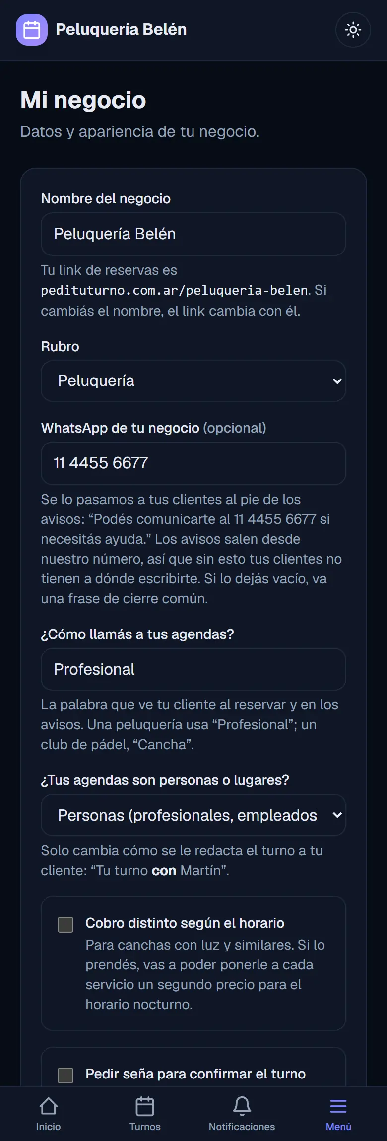 Pantalla Mi negocio con el nombre, el link de reservas, el rubro, el WhatsApp y las opciones de agendas