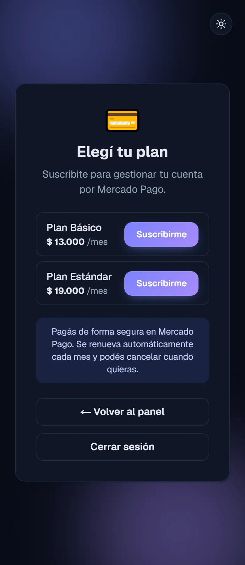 Pantalla de Suscripción con el plan Básico y el plan Estándar, y el botón para suscribirse por Mercado Pago