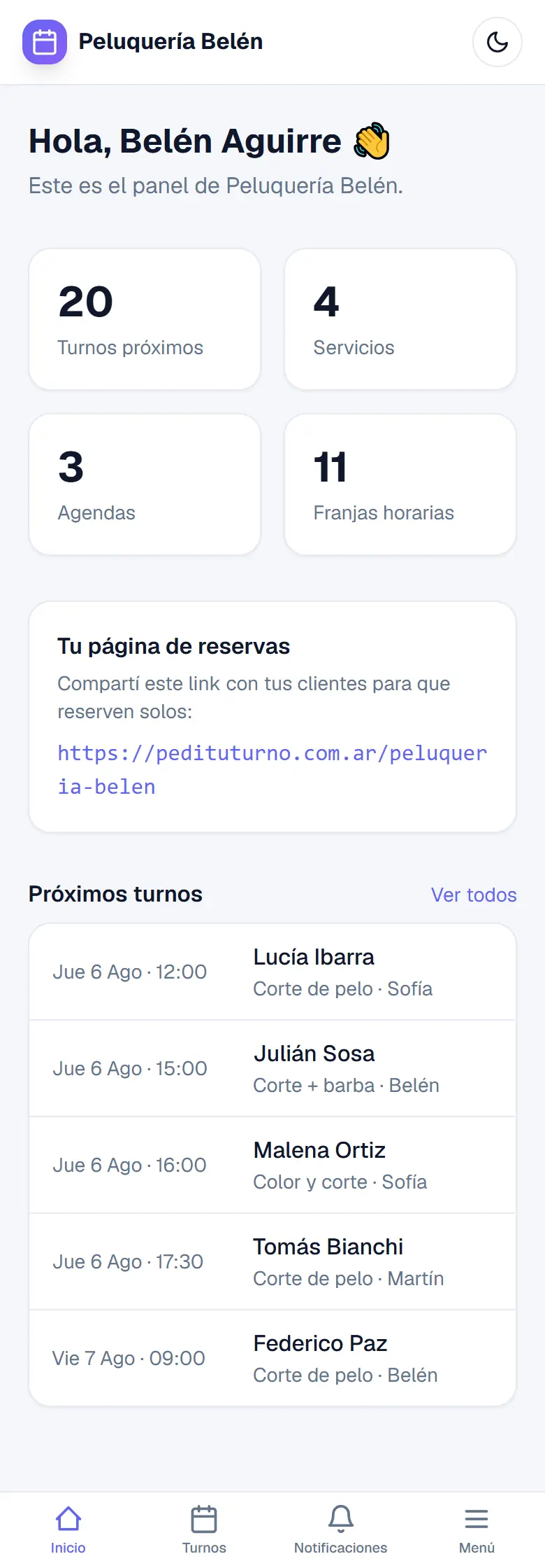 El panel de inicio en modo claro