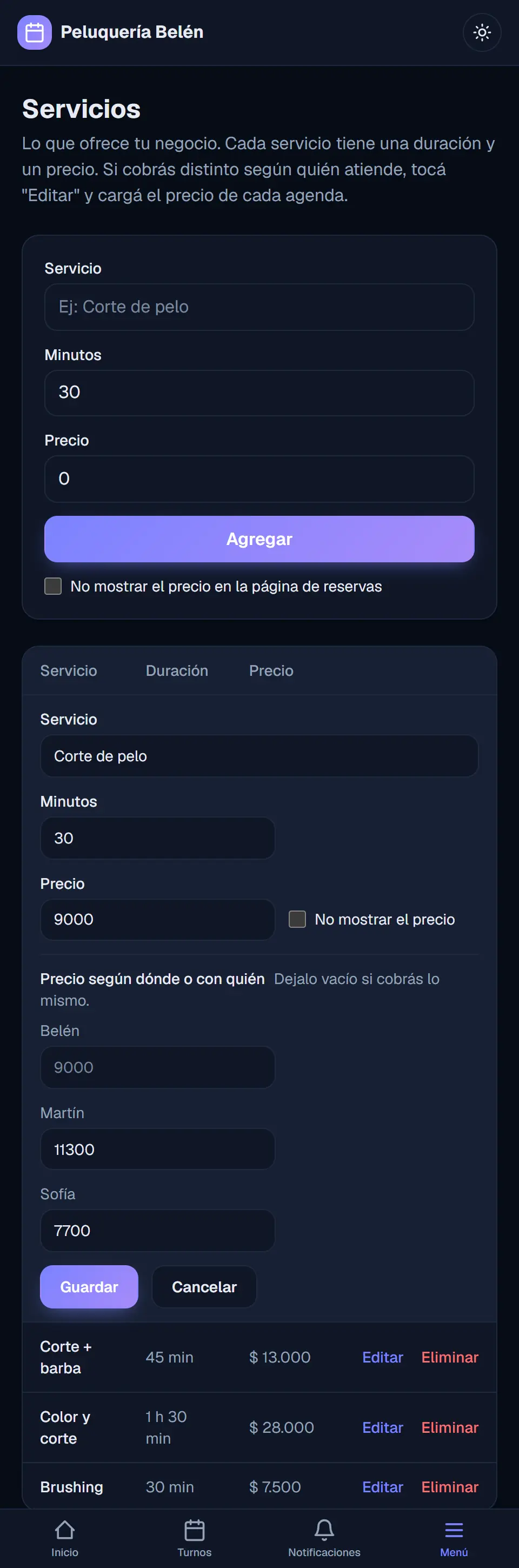 El servicio abierto para editar, con una casilla de precio por cada agenda debajo del precio general